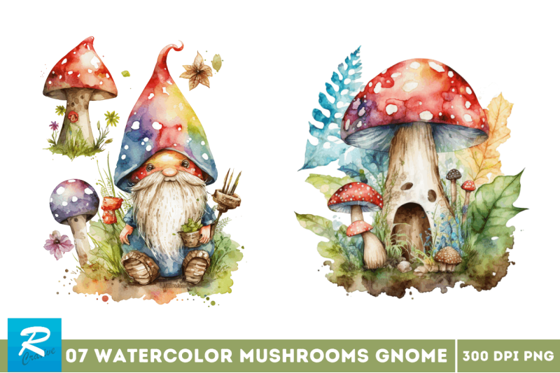 watercolor-mushrooms-gnome-clipart-bundle