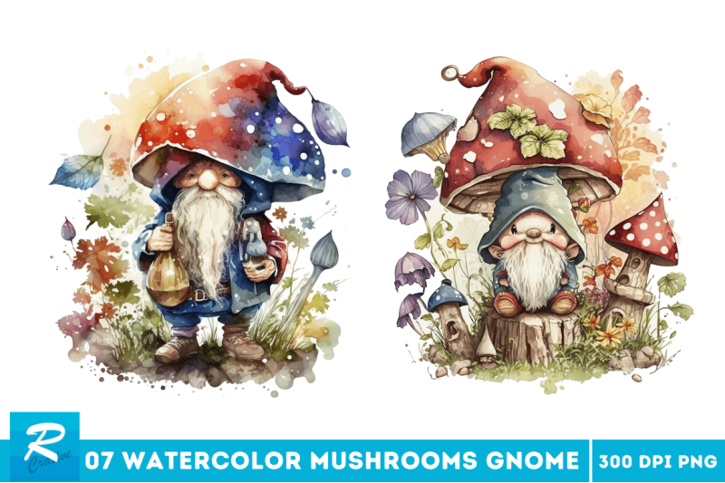 watercolor-mushrooms-gnome-clipart-bundle