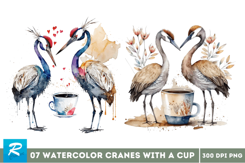 watercolor-cute-cranes-with-a-cup-bundle