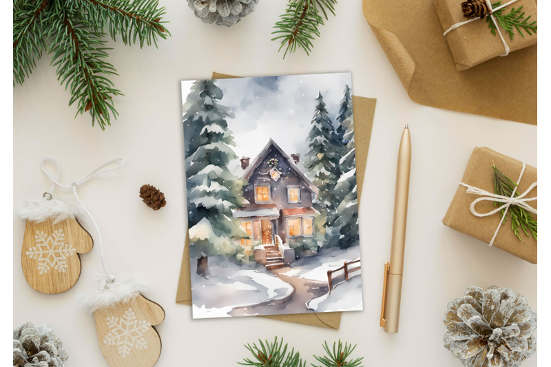 watercolor-christmas-card-christmas-house-in-the-forest