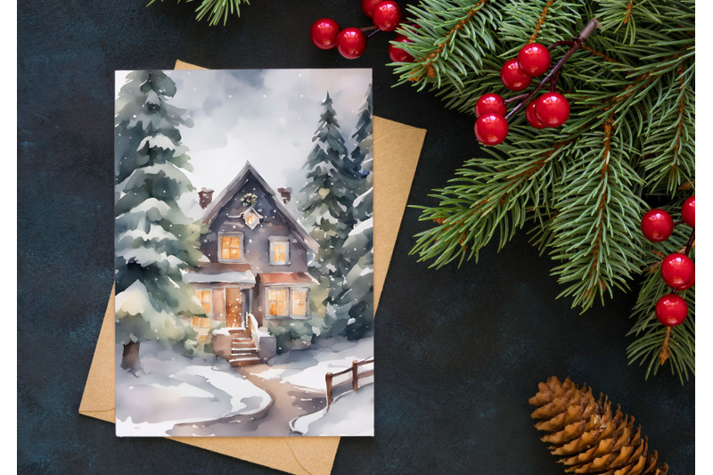 watercolor-christmas-card-christmas-house-in-the-forest