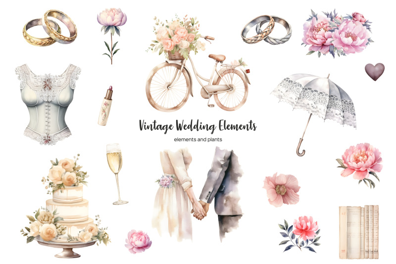 watercolor-vintage-wedding-clipart-retro-wedding-theme-clip-art