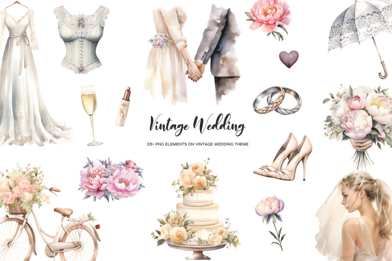 watercolor-vintage-wedding-clipart-retro-wedding-theme-clip-art