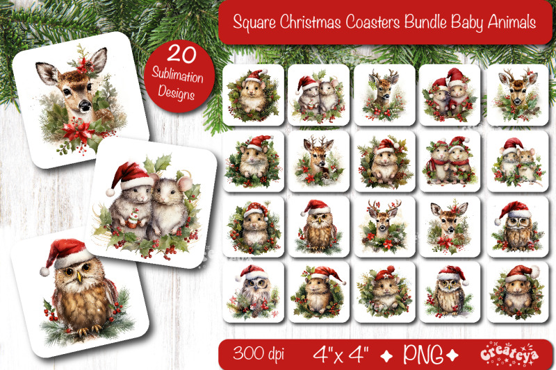 christmas-coaster-bundle-square-coaster-sublimation-baby-animals