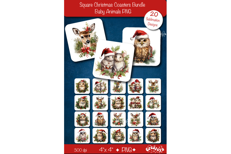 christmas-coaster-bundle-square-coaster-sublimation-baby-animals