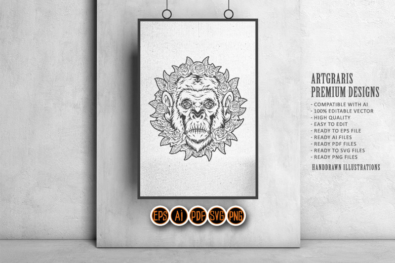 sacred-sugar-skull-monkey-floral-ornament-monochrome