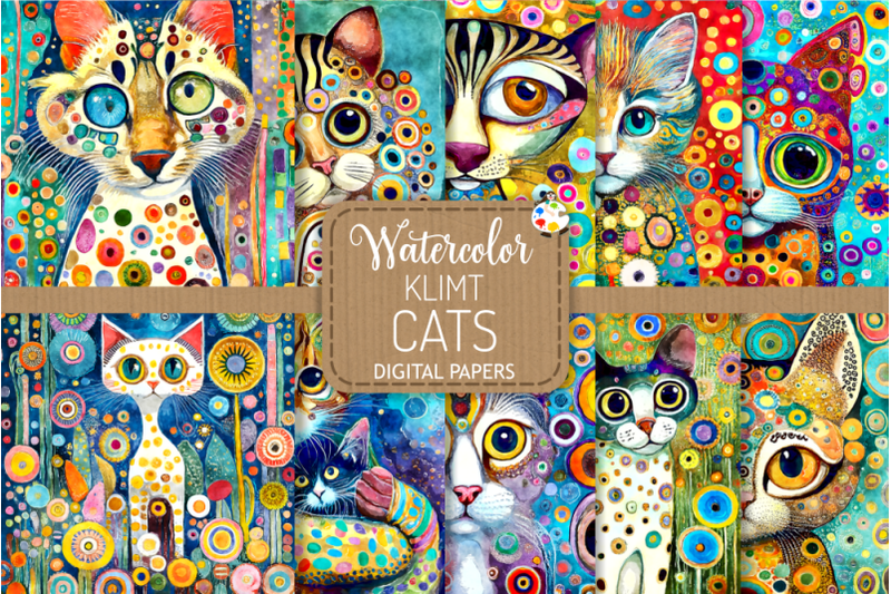 klimt-cats-set-2-watercolor-portrait-paintings