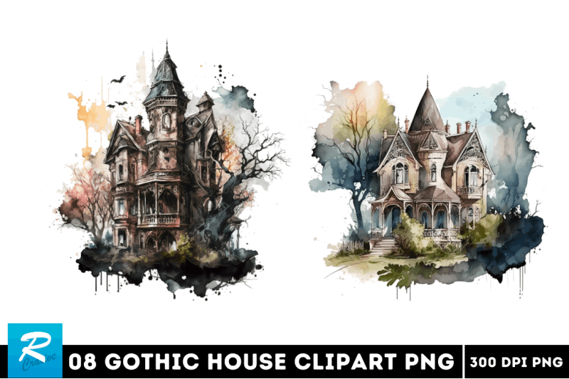 watercolor-gothic-house-clipart-bundle