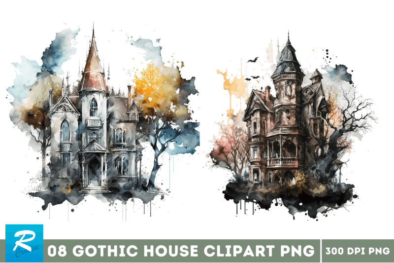 watercolor-gothic-house-clipart-bundle