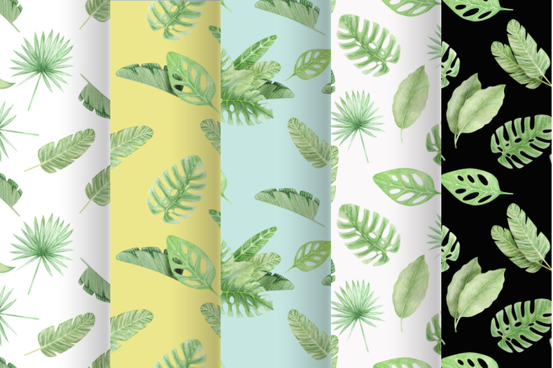 tropical-leaves-watercolor-seamless-patterns-hand-drawn