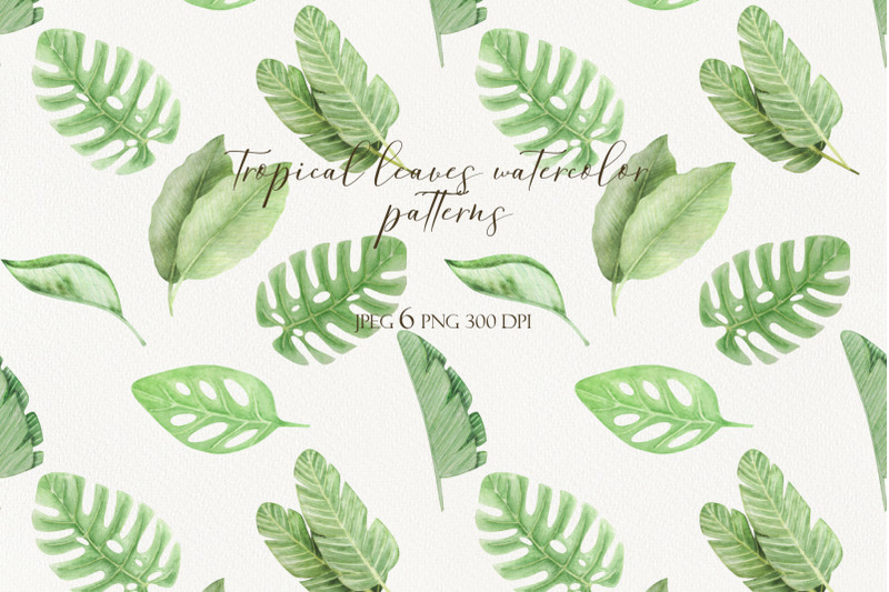 tropical-leaves-watercolor-seamless-patterns-hand-drawn