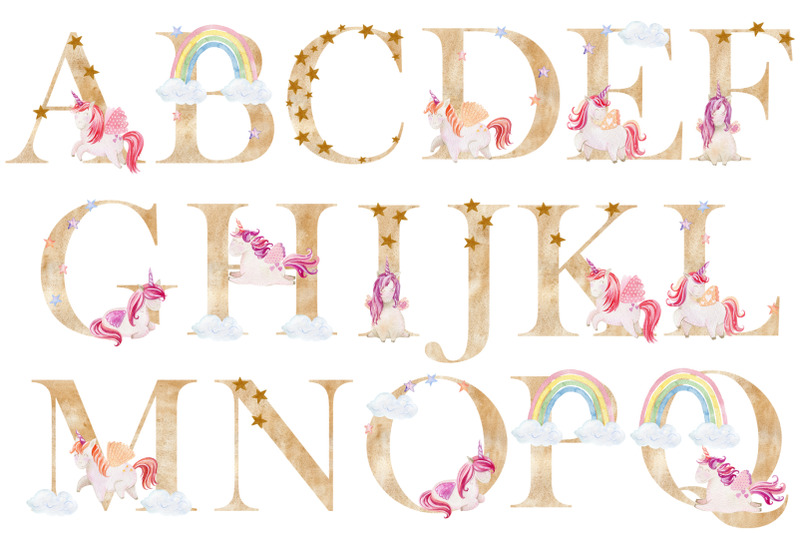 watercolor-alphabet-with-unicorns