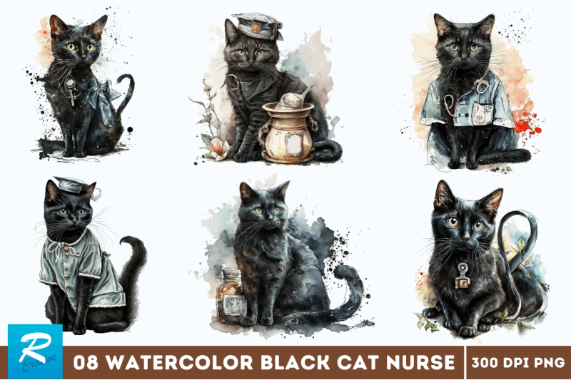 watercolor-black-cat-nurse-bundle