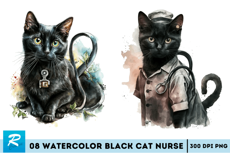 watercolor-black-cat-nurse-bundle