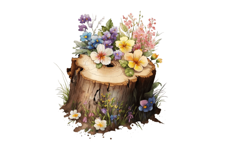 watercolor-cute-flower-wooden-stump-bundle