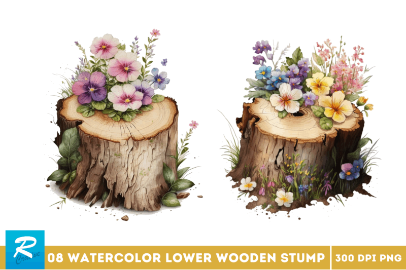 watercolor-cute-flower-wooden-stump-bundle