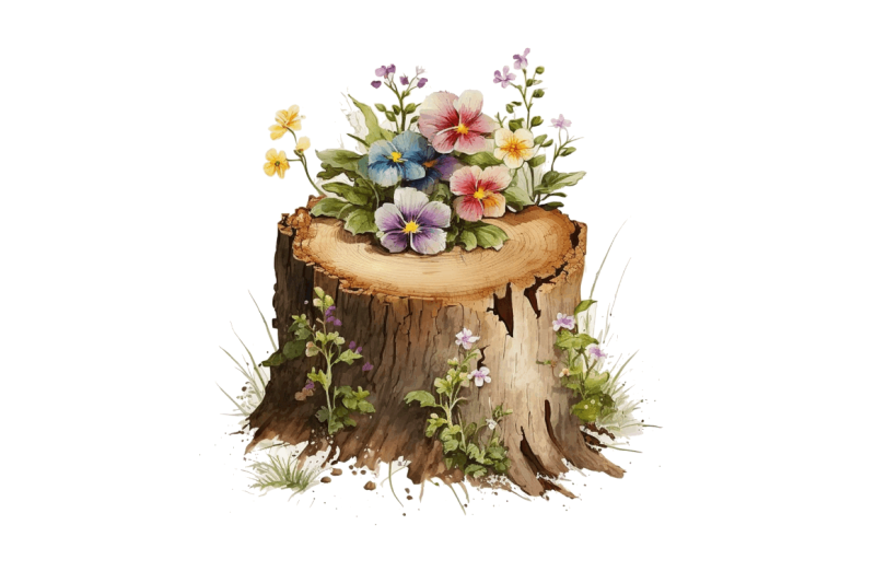 watercolor-cute-flower-wooden-stump-bundle