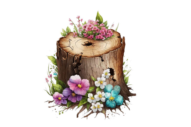 watercolor-cute-flower-wooden-stump-bundle