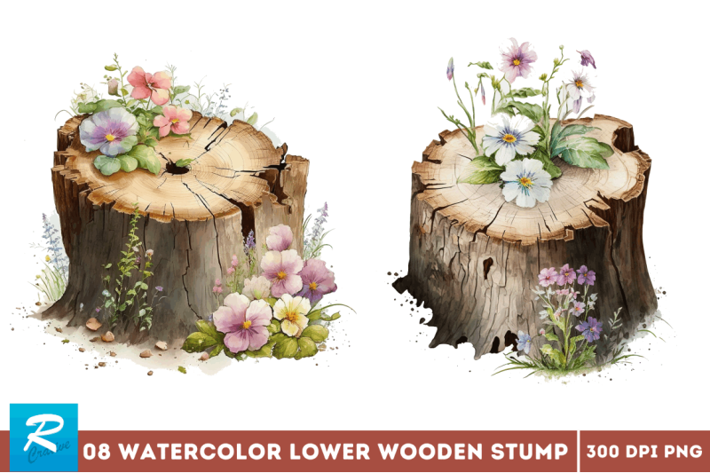 watercolor-cute-flower-wooden-stump-bundle