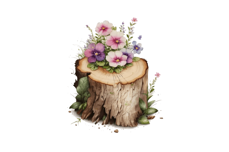 watercolor-cute-flower-wooden-stump-bundle