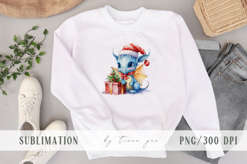 cute-christmas-blue-dragon-with-gift-box-sublimation-1-png
