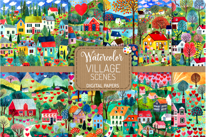 watercolor-village-scenes-digital-paper-paintings