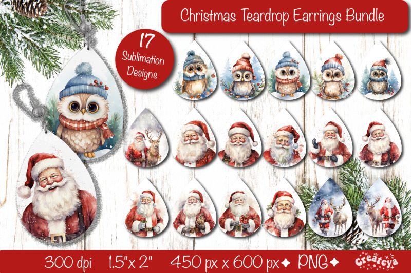 christmas-teardrop-earrings-bundle-sublimation-christmas-owl-and-santa