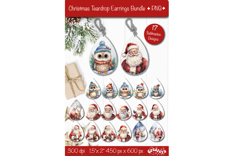 christmas-teardrop-earrings-bundle-sublimation-christmas-owl-and-santa