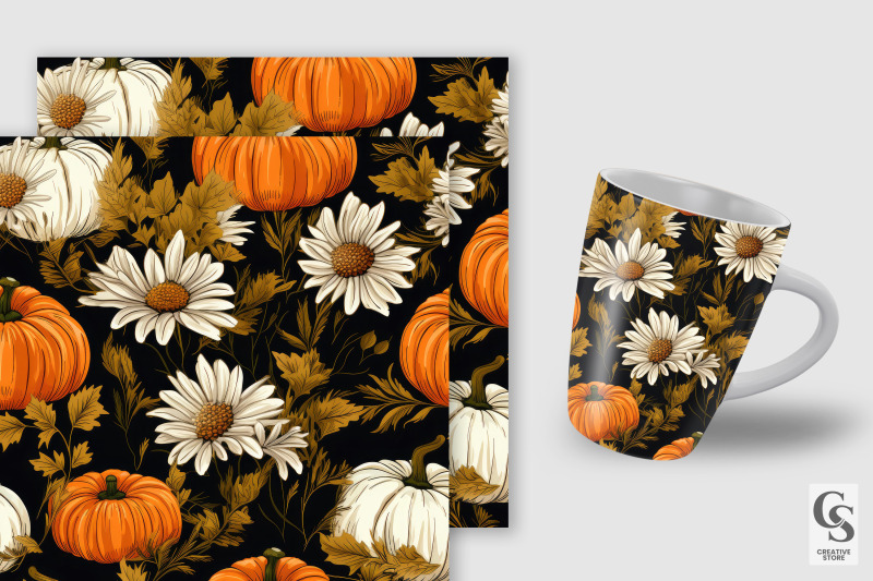 pumpkin-daisy-flowers-pattern-digital-papers