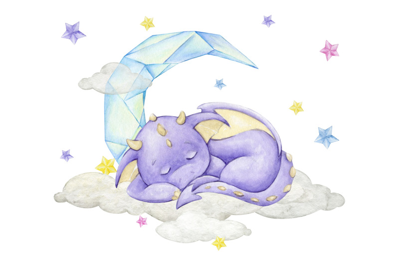 purple-dragon-clipart-cute-watercolor-animal-png-sleeps-on-the-cloud
