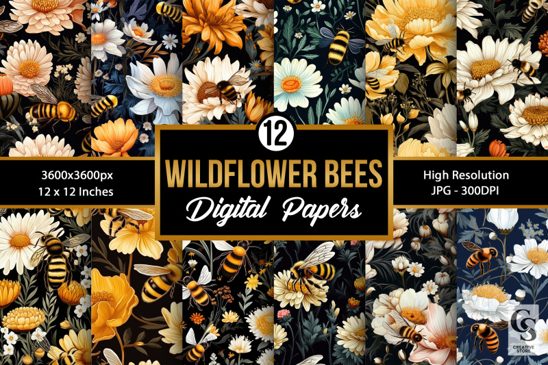 wildflower-honeybees-pattern-digital-papers