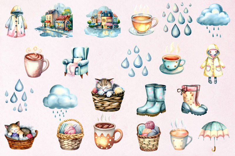 rainy-day-watercolor-illustrations-png-clipart-bundle
