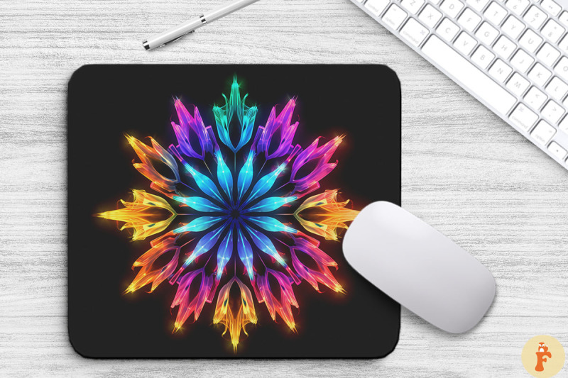 neon-glowing-rainbow-snowflake-mouse-pad