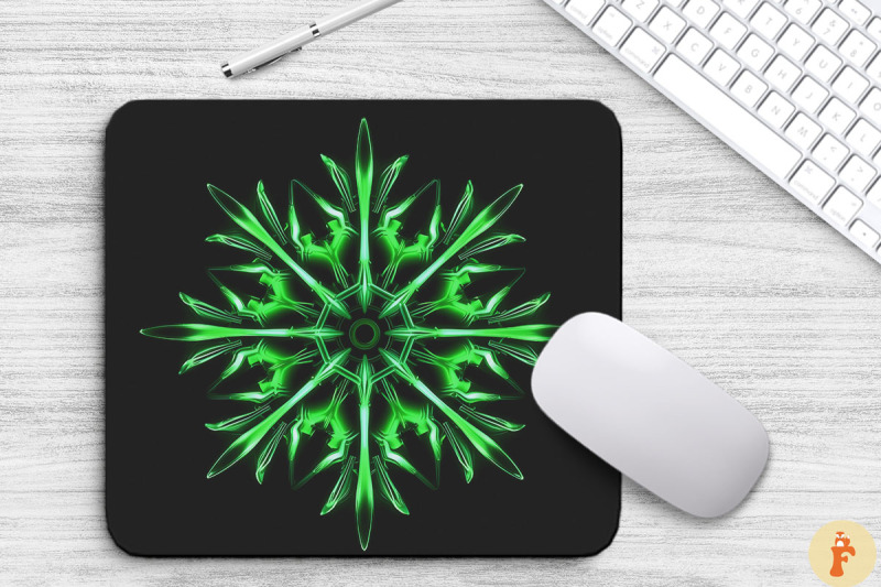 neon-glowing-green-snowflake-mouse-pad