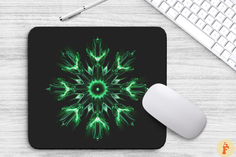 neon-glowing-green-snowflake-mouse-pad