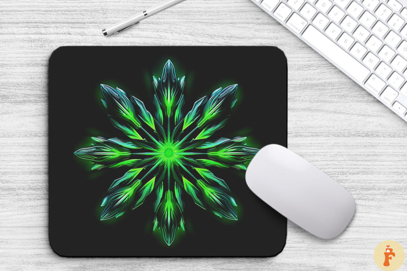 neon-glowing-green-snowflake-mouse-pad