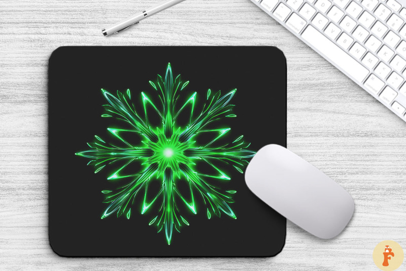 neon-glowing-green-snowflake-mouse-pad