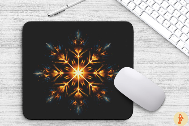 neon-glowing-orange-snowflake-mouse-pad