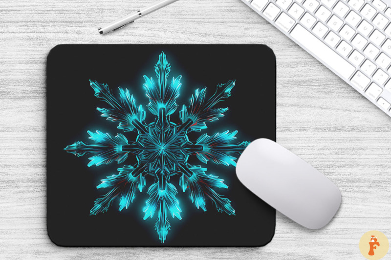 neon-glowing-teal-snowflake-mouse-pad