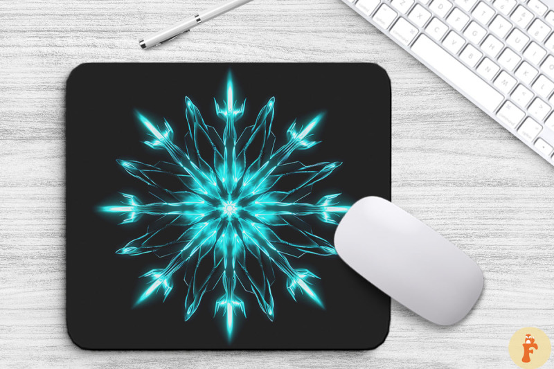 neon-glowing-teal-snowflake-mouse-pad