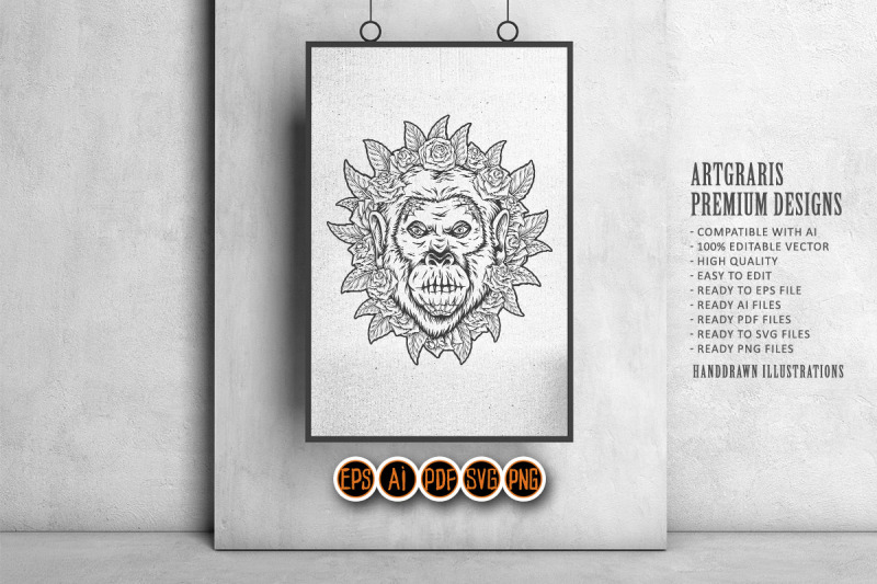 floral-elegance-monkey-muertos-skull-outline