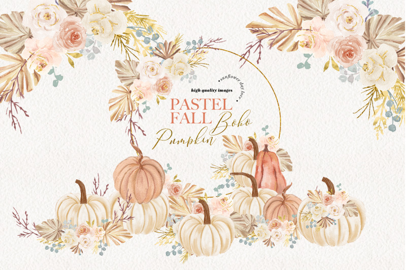 pastel-rustic-fall-pumpkin-dried-floral-pampas-grass-clipart