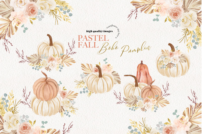 pastel-rustic-fall-pumpkin-dried-floral-pampas-grass-clipart