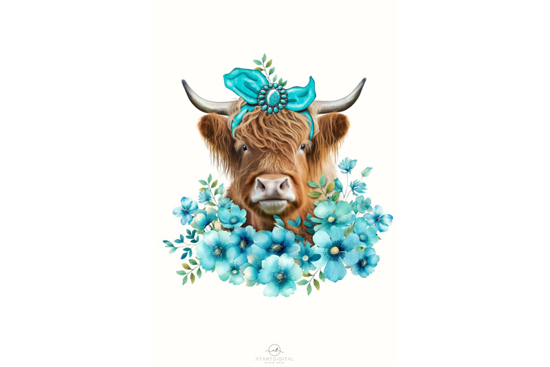 western-highland-cow-with-turquoise-flowers