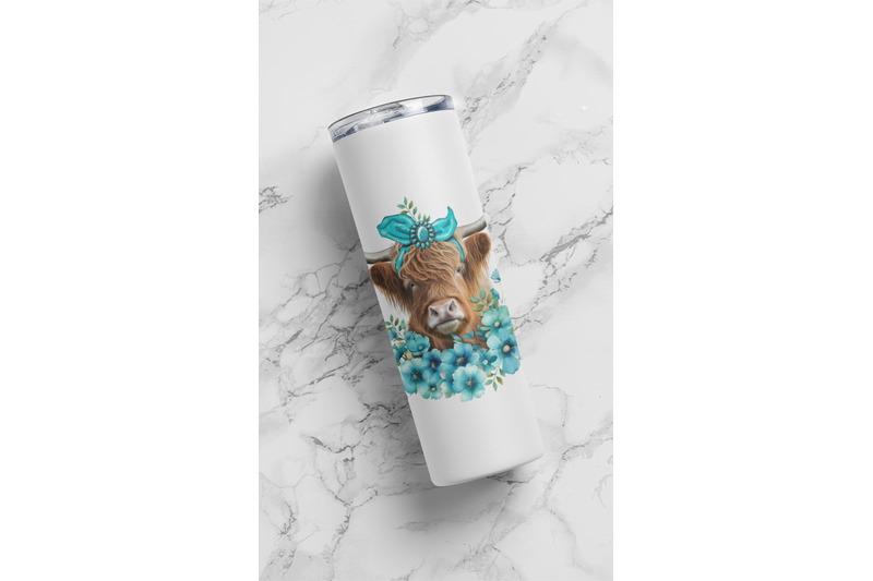 western-highland-cow-with-turquoise-flowers