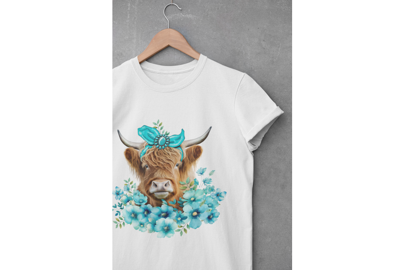 western-highland-cow-with-turquoise-flowers