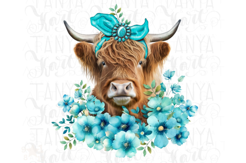 western-highland-cow-with-turquoise-flowers