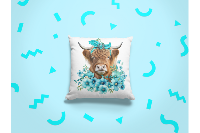 western-highland-cow-with-turquoise-flowers