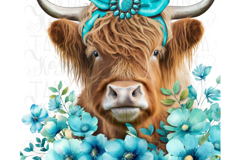 western-highland-cow-with-turquoise-flowers