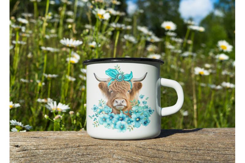 western-highland-cow-with-turquoise-flowers